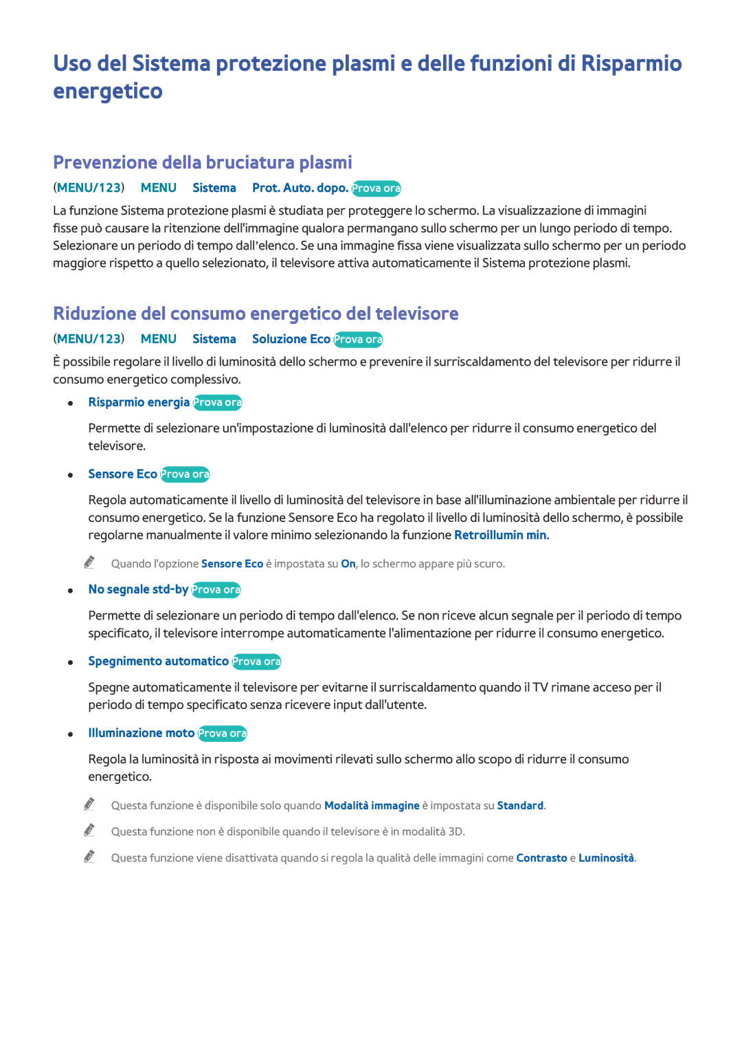 Samsung UE78JS9500TXZT manual Prevenzione della bruciatura plasmi, Riduzione del consumo energetico del televisore 