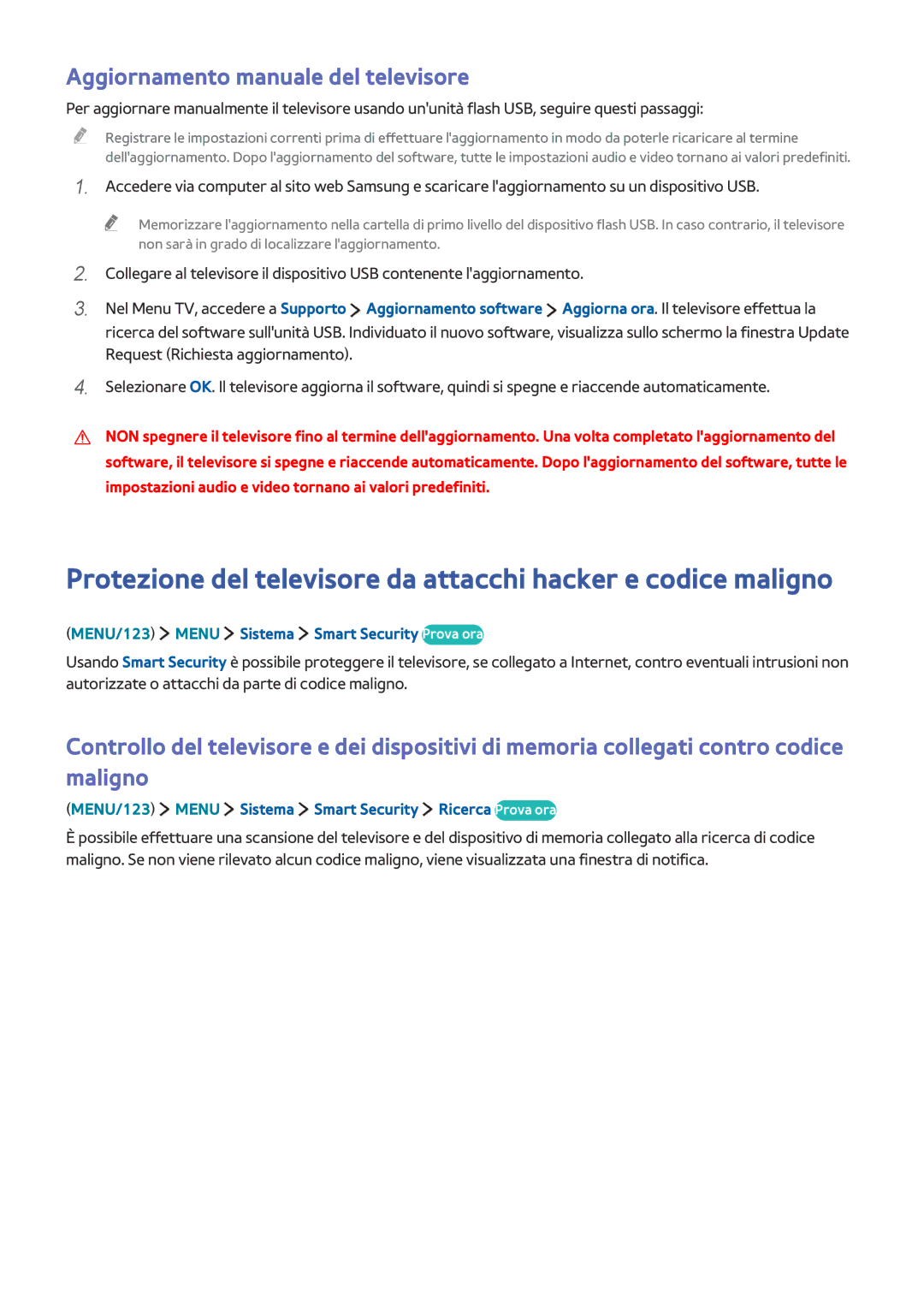 Samsung UE65JS9000LXXN Aggiornamento manuale del televisore, MENU/123 Menu Sistema Smart Security Prova ora 