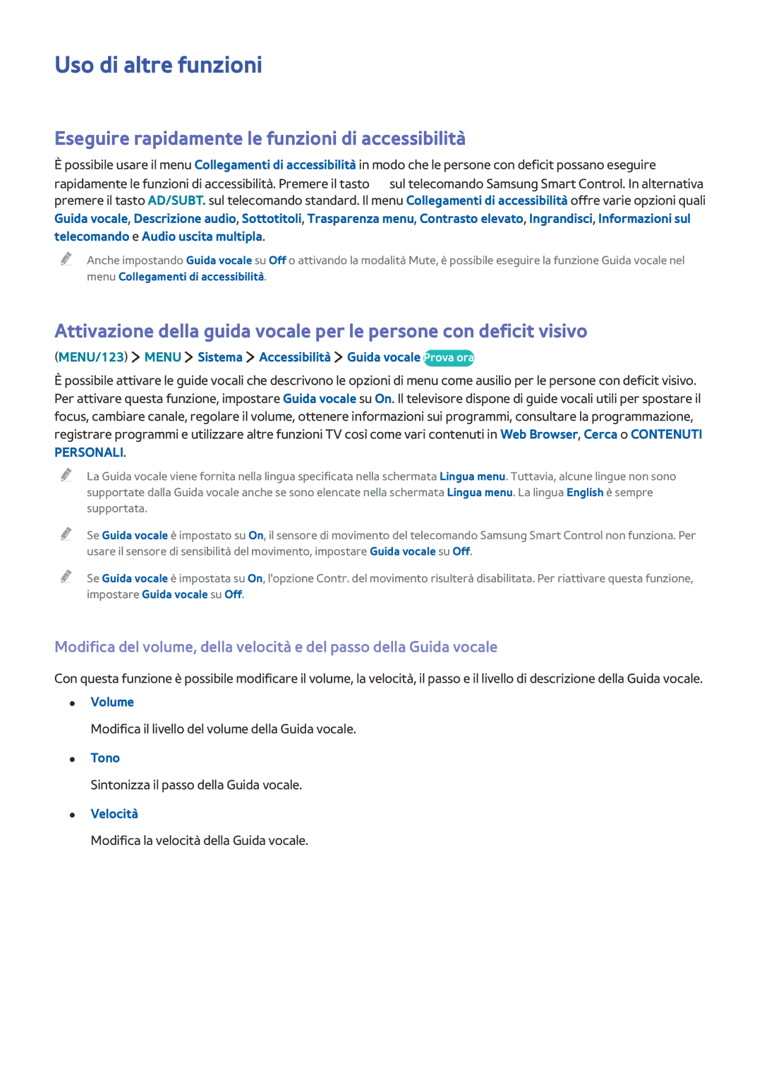 Samsung UE48JS9000LXXN manual Uso di altre funzioni, Eseguire rapidamente le funzioni di accessibilità, Tono, Velocità 
