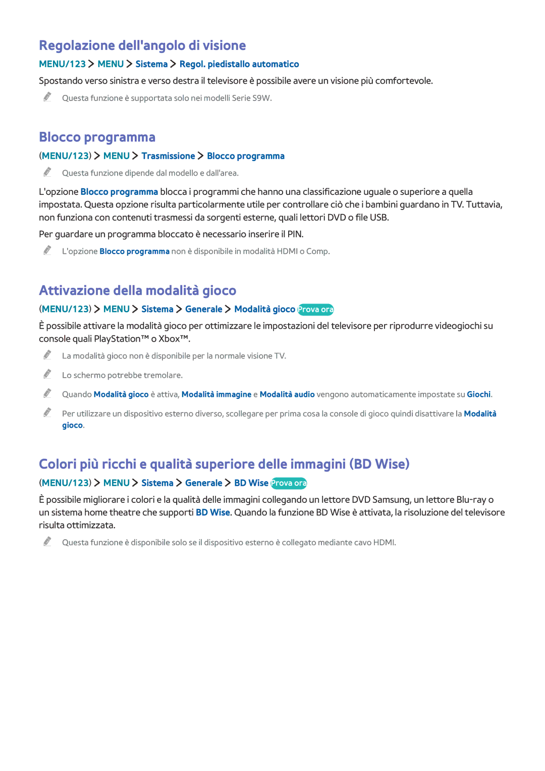 Samsung UE65JS9000LXXH manual Regolazione dellangolo di visione, Blocco programma, Attivazione della modalità gioco 