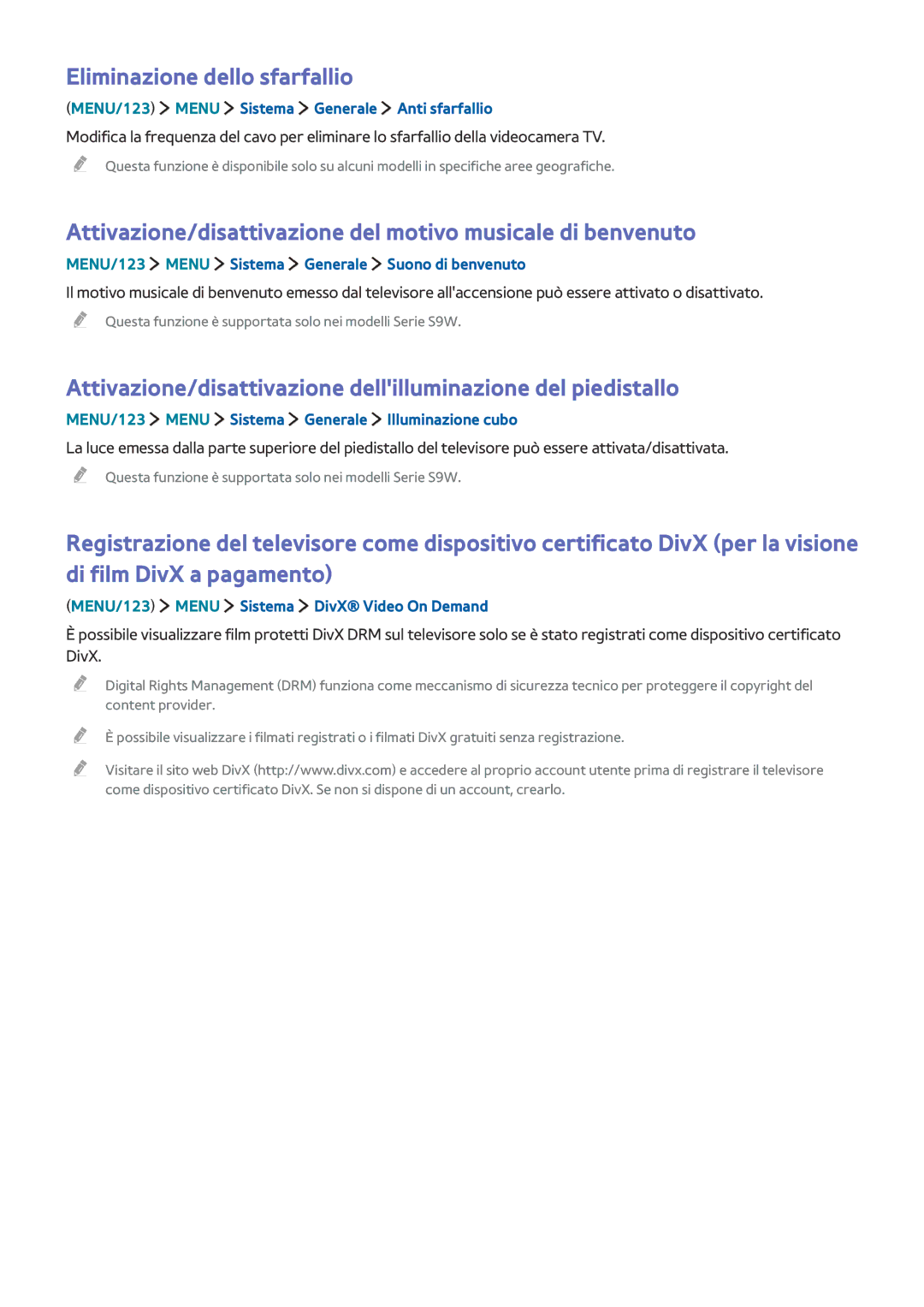 Samsung UE65JS9500LXXH manual Eliminazione dello sfarfallio, Attivazione/disattivazione del motivo musicale di benvenuto 