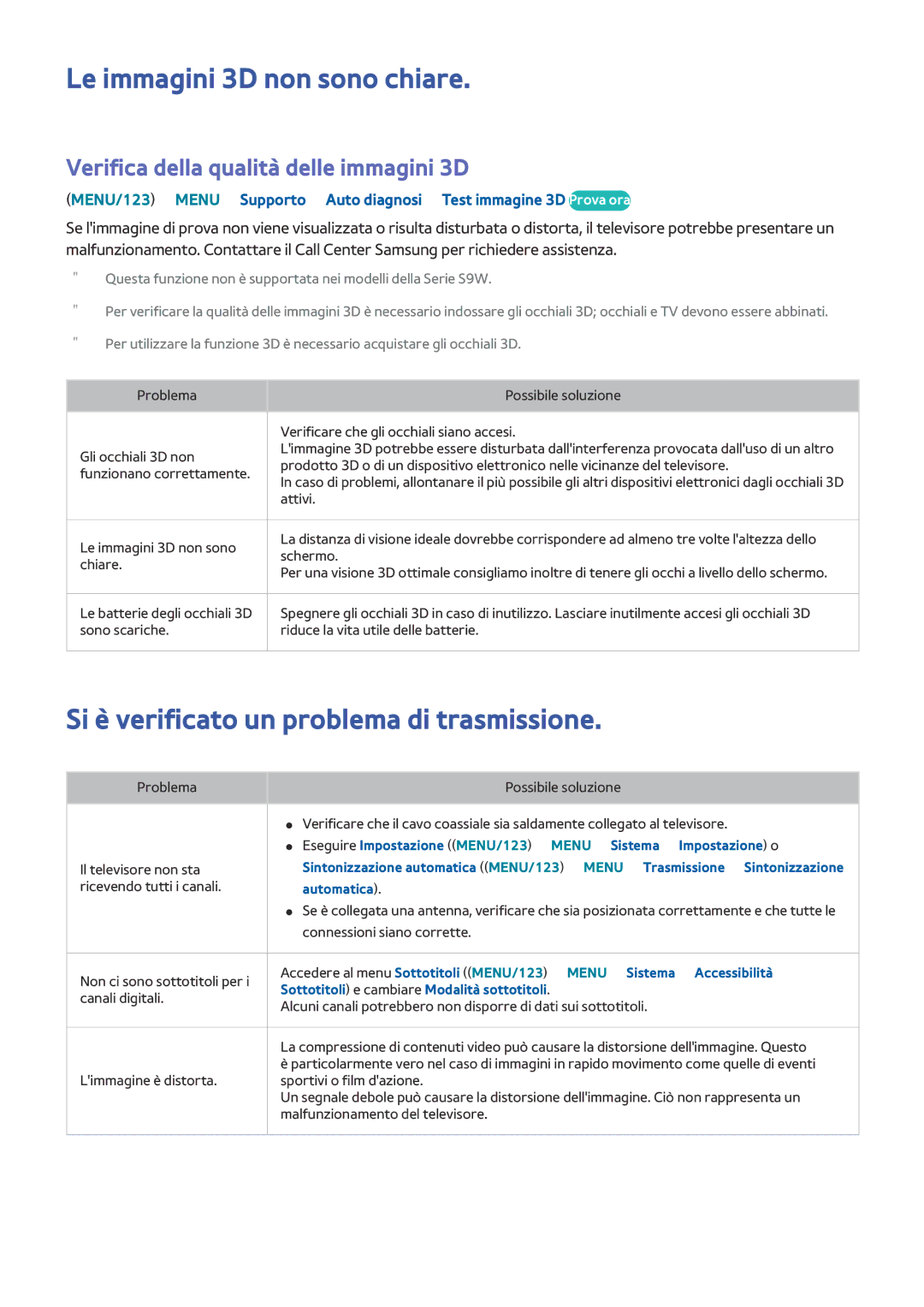 Samsung UE55JS9090QXZG, UE55JS9000LXXH manual Le immagini 3D non sono chiare, Si è verificato un problema di trasmissione 