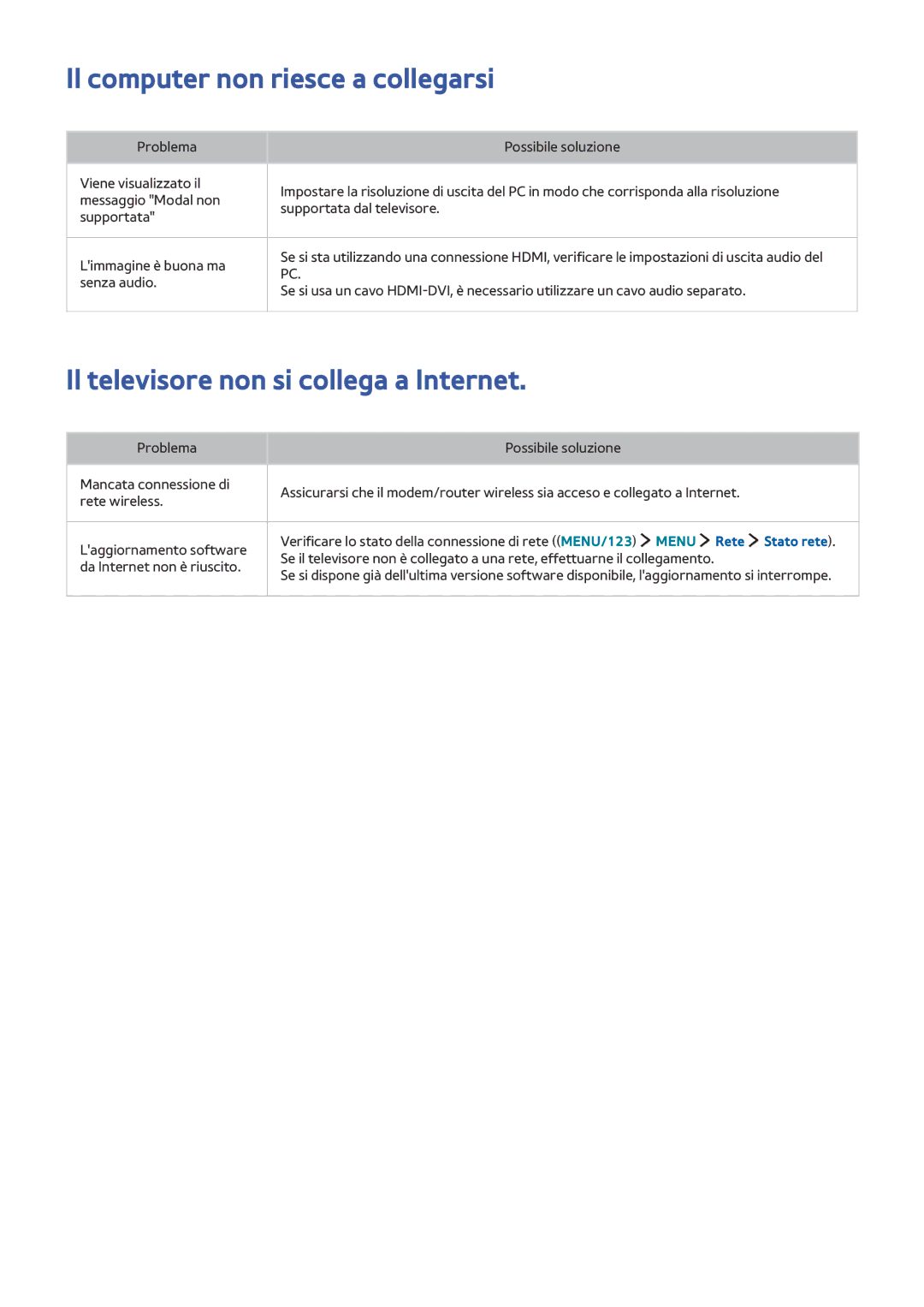 Samsung UE55JS9000LXXH, UE55JS9090QXZG manual Il computer non riesce a collegarsi, Il televisore non si collega a Internet 