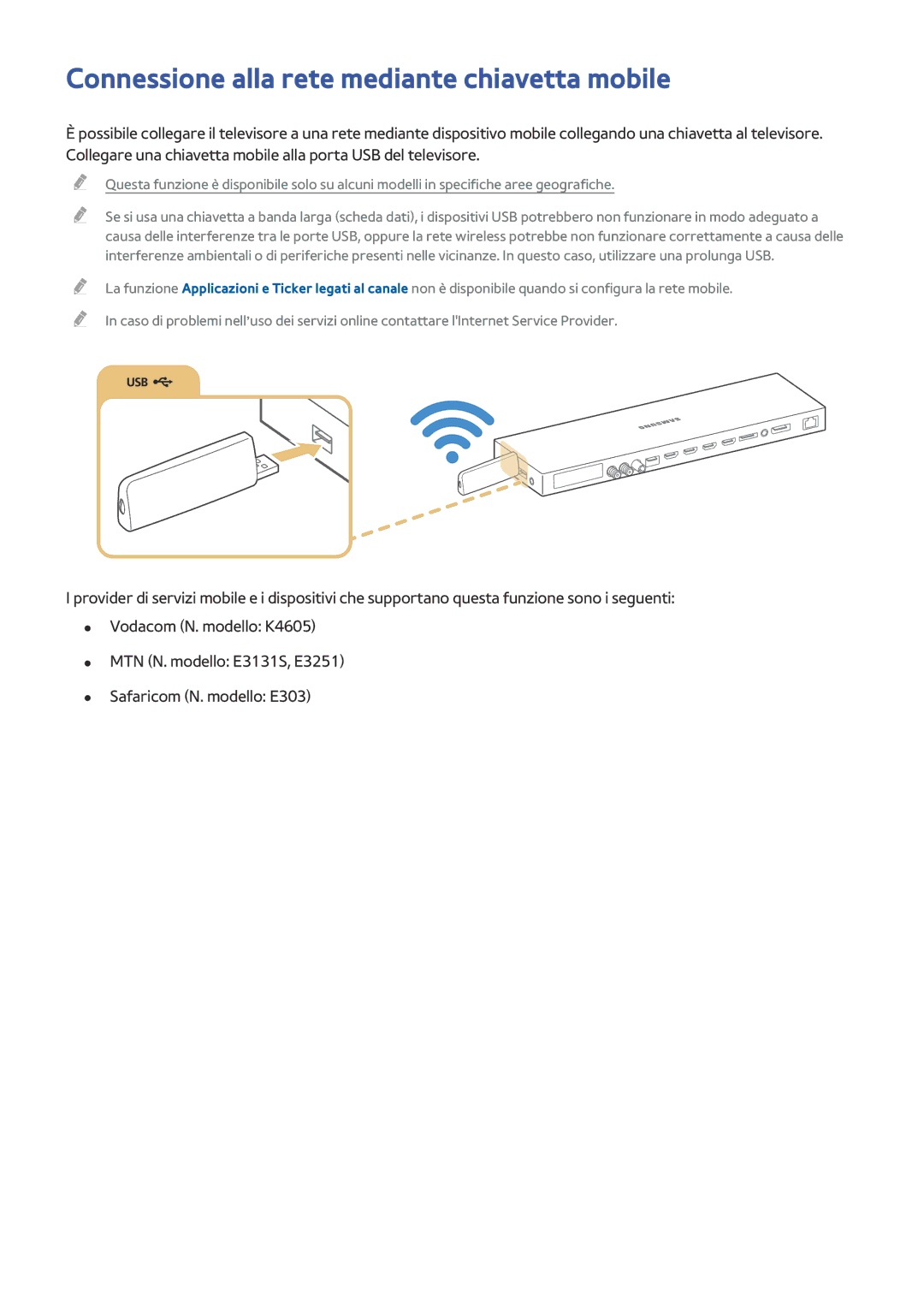 Samsung UA65JS9000KXSK, UE55JS9090QXZG, UE55JS9000LXXH, UE65JS9000LXXH manual Connessione alla rete mediante chiavetta mobile 