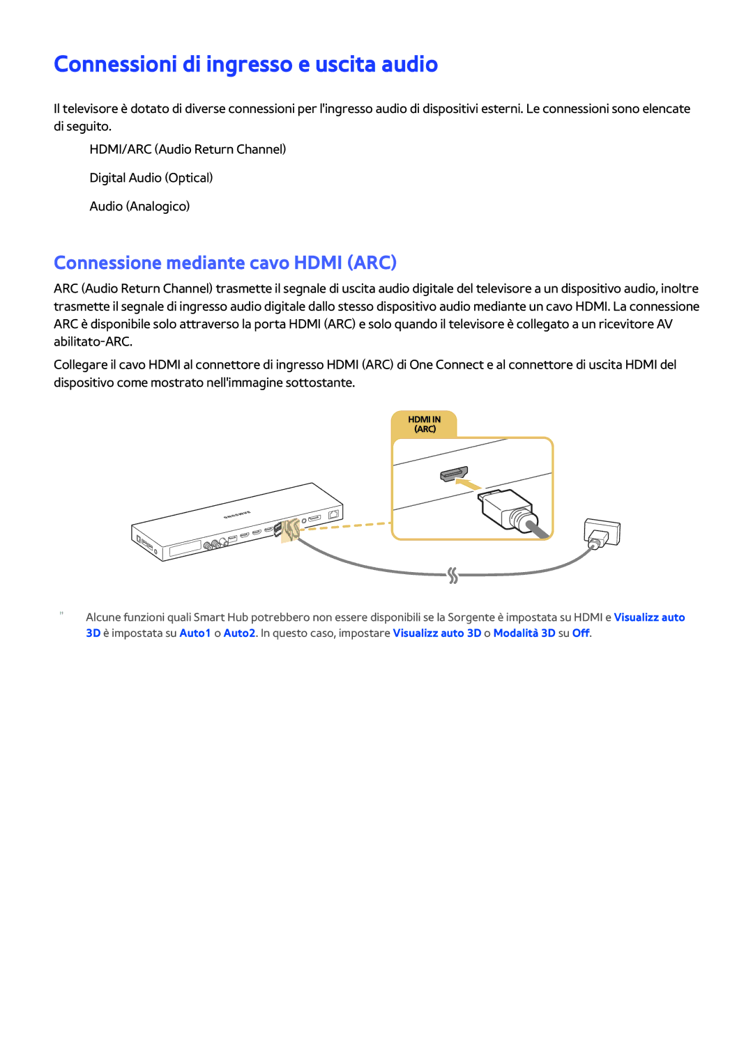 Samsung UE65JS9500TXZT, UE55JS9090QXZG manual Connessioni di ingresso e uscita audio, Connessione mediante cavo Hdmi ARC 