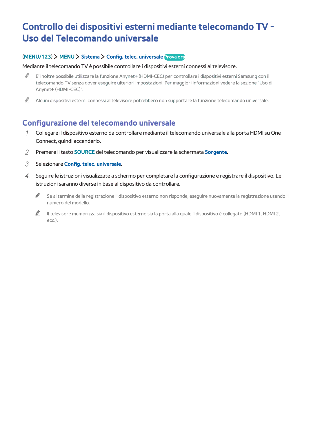 Samsung UE55JS9000TXZT, UE55JS9090QXZG Configurazione del telecomando universale, Selezionare Config. telec. universale 