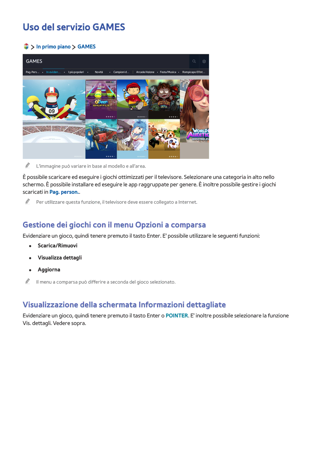 Samsung UE65JS9000TXZT manual Uso del servizio Games, Gestione dei giochi con il menu Opzioni a comparsa, Primo piano Games 