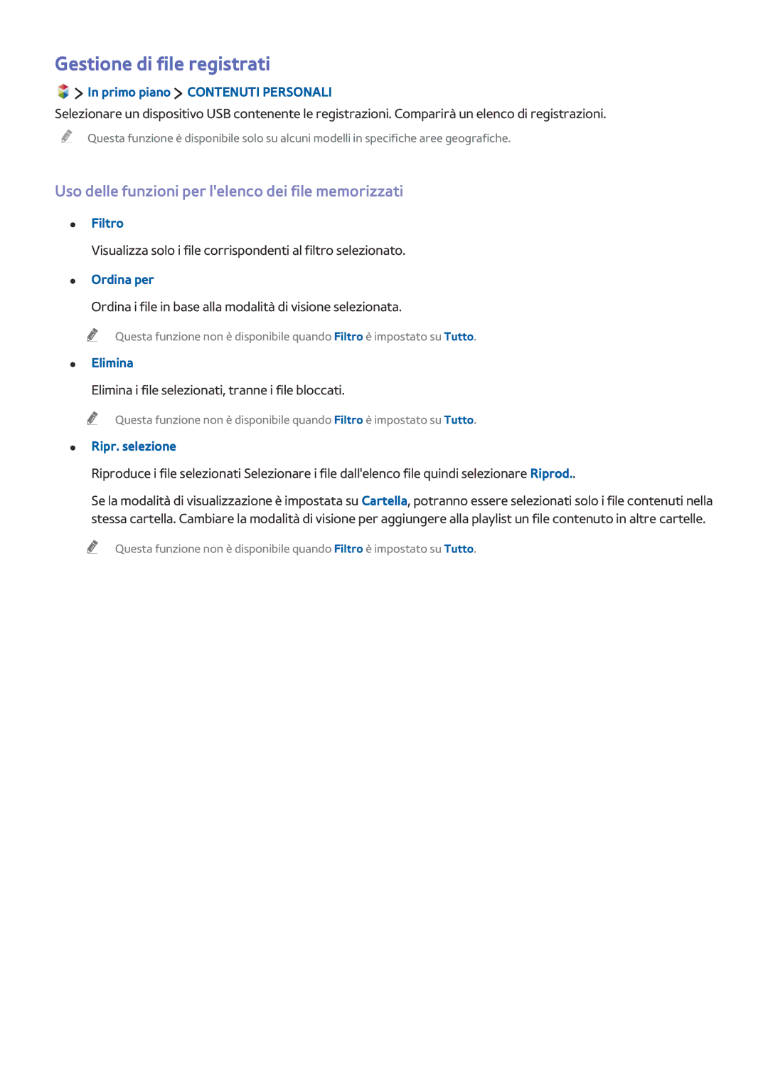 Samsung UE65JS9500LXXN manual Gestione di file registrati, Uso delle funzioni per lelenco dei file memorizzati, Filtro 