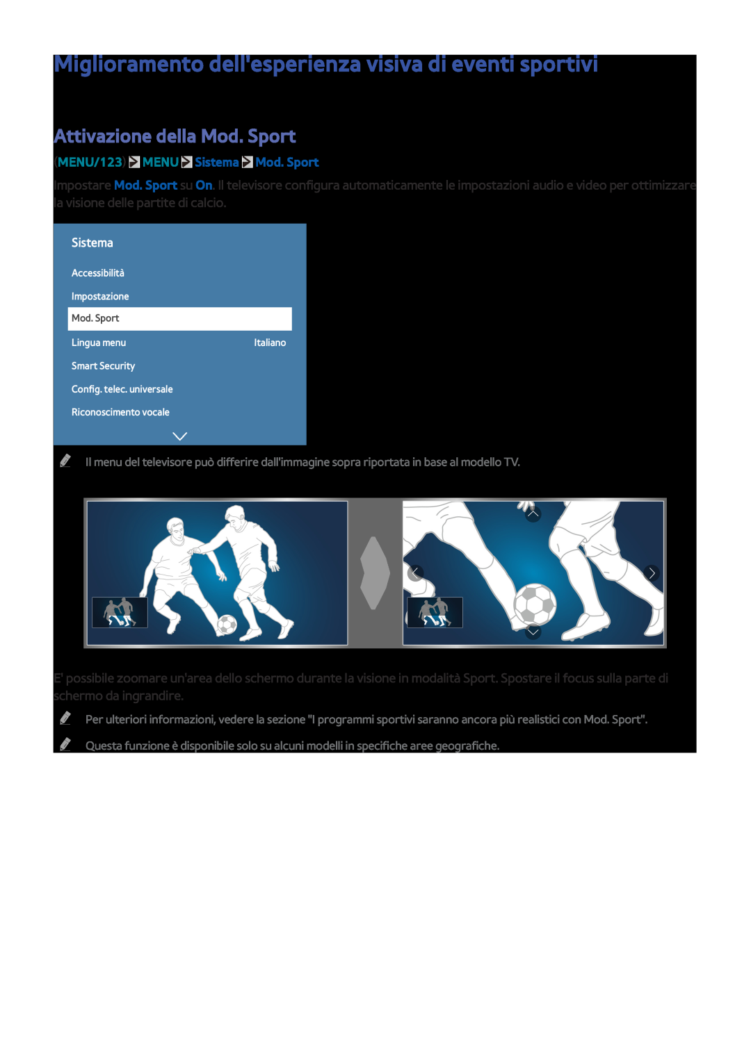 Samsung UE55JS9000LXXN manual Miglioramento dellesperienza visiva di eventi sportivi, Attivazione della Mod. Sport, Sistema 