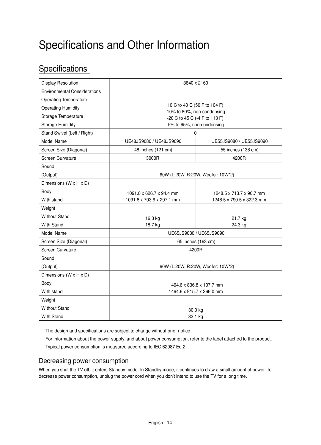 Samsung UE55JS9080QXZG, UE55JS9090QXZG, UE65JS9080QXZG Specifications and Other Information, Decreasing power consumption 