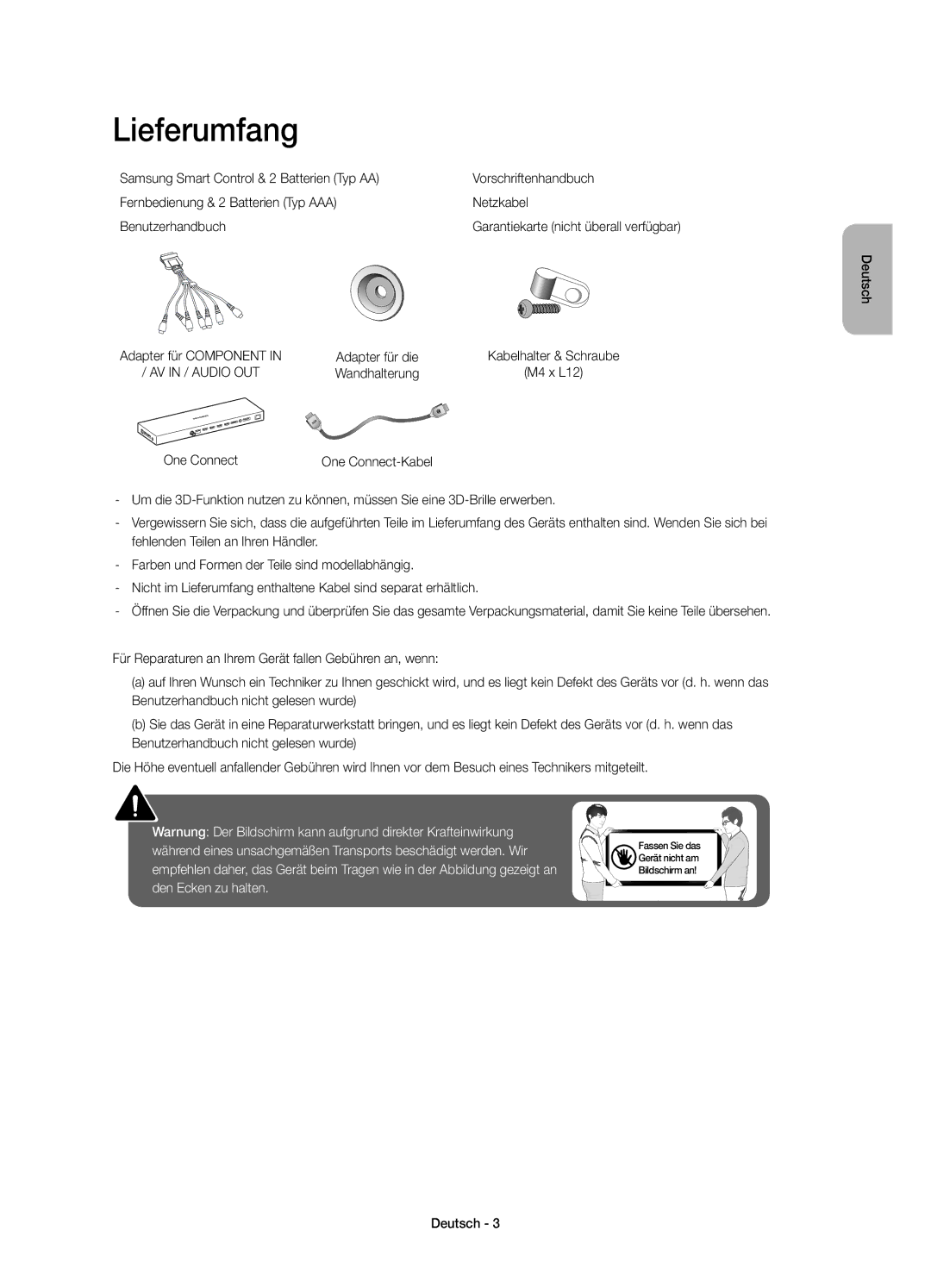 Samsung UE48JS9080QXZG, UE55JS9090QXZG, UE65JS9080QXZG manual Lieferumfang, Adapter für die, Wandhalterung, One Connect 