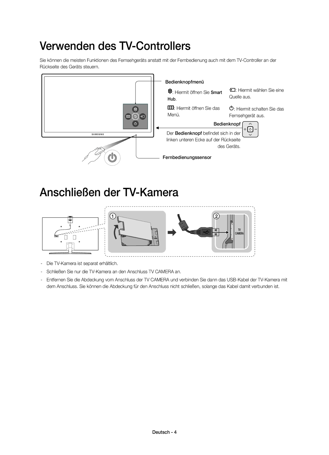 Samsung UE55JS9090QXZG, UE65JS9080QXZG, UE55JS9080QXZG Verwenden des TV-Controllers, Anschließen der TV-Kamera, Quelle aus 