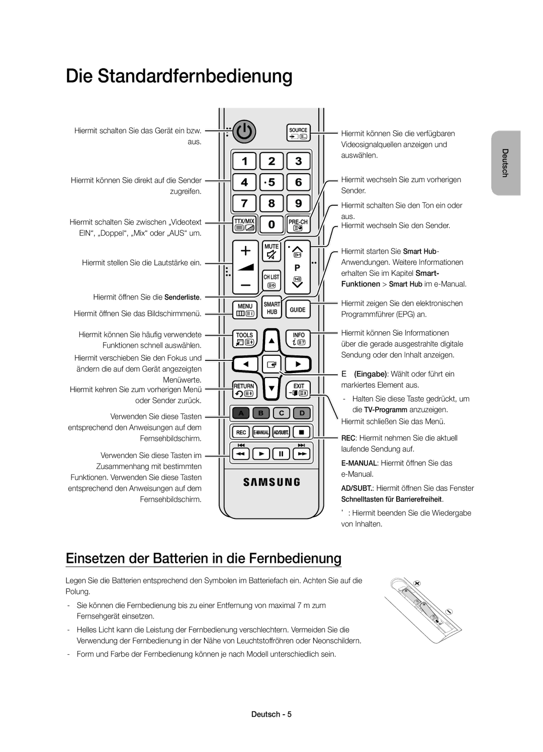 Samsung UE65JS9080QXZG, UE55JS9090QXZG manual Die Standardfernbedienung, Einsetzen der Batterien in die Fernbedienung 