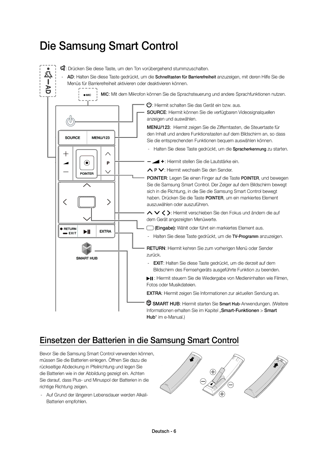 Samsung UE55JS9080QXZG, UE55JS9090QXZG Die Samsung Smart Control, Einsetzen der Batterien in die Samsung Smart Control 