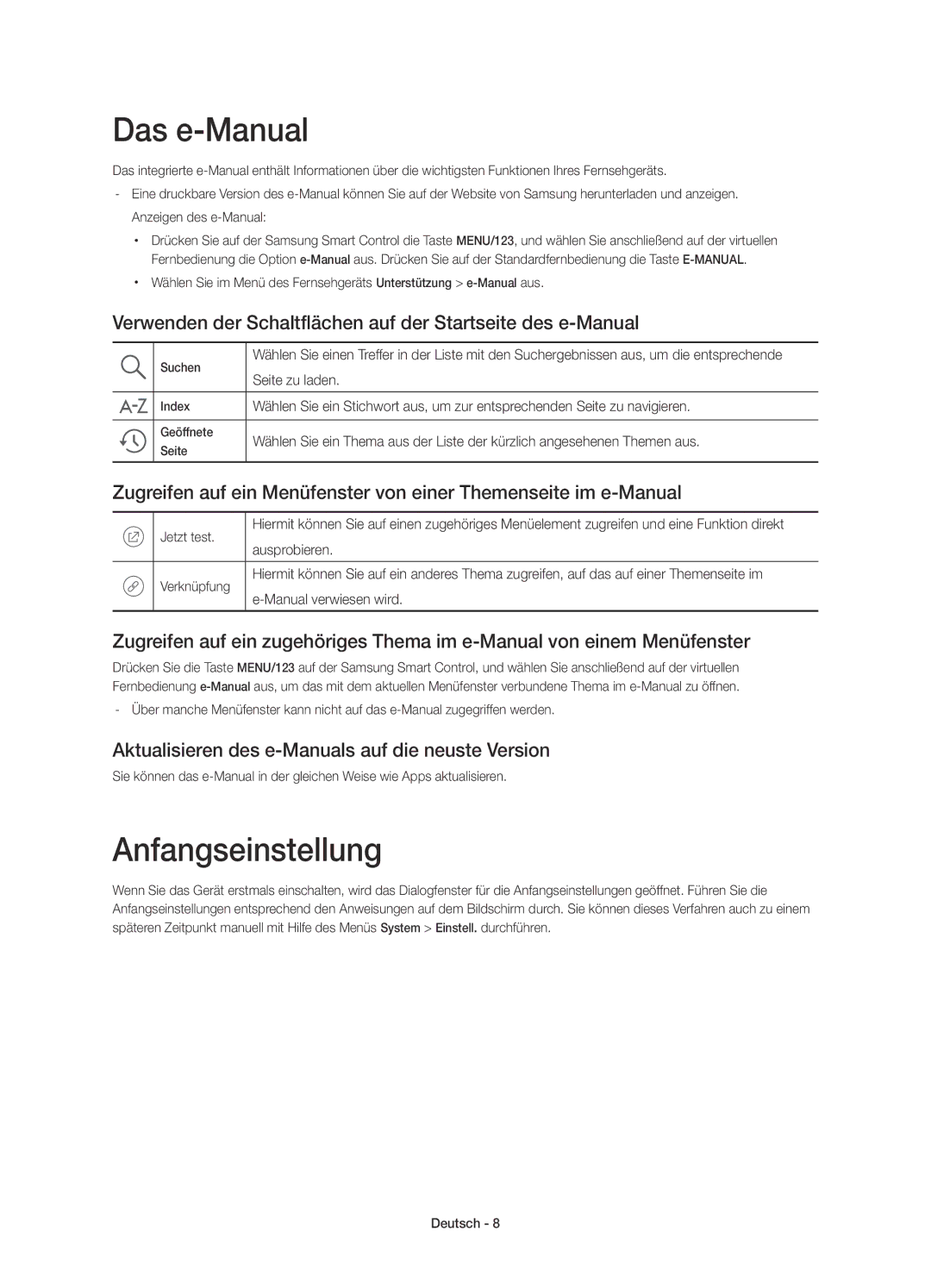 Samsung UE65JS9090QXZG manual Das e-Manual, Anfangseinstellung, Verwenden der Schaltflächen auf der Startseite des e-Manual 