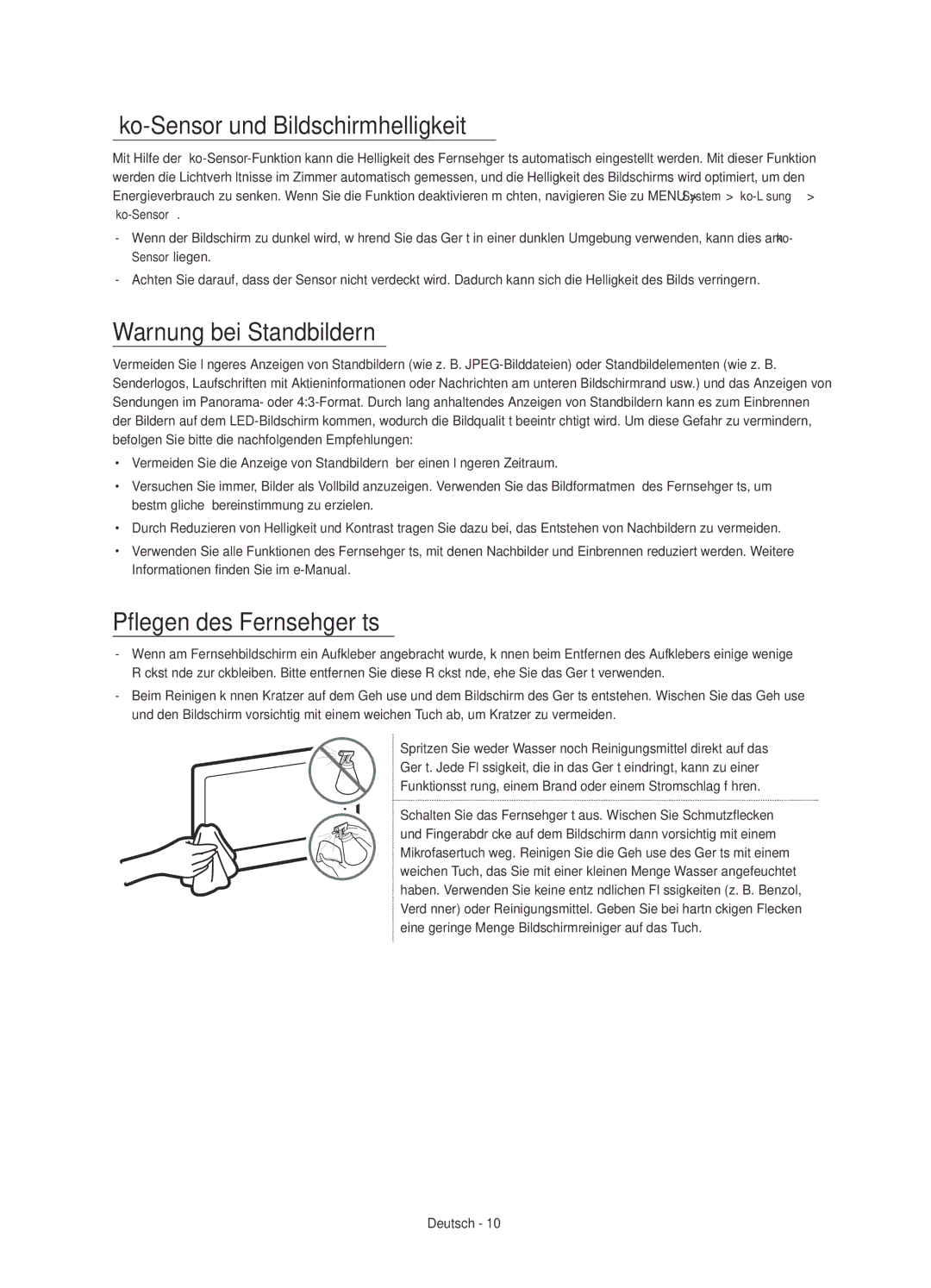 Samsung UE55JS9090QXZG manual Öko-Sensor und Bildschirmhelligkeit, Warnung bei Standbildern, Pflegen des Fernsehgeräts 