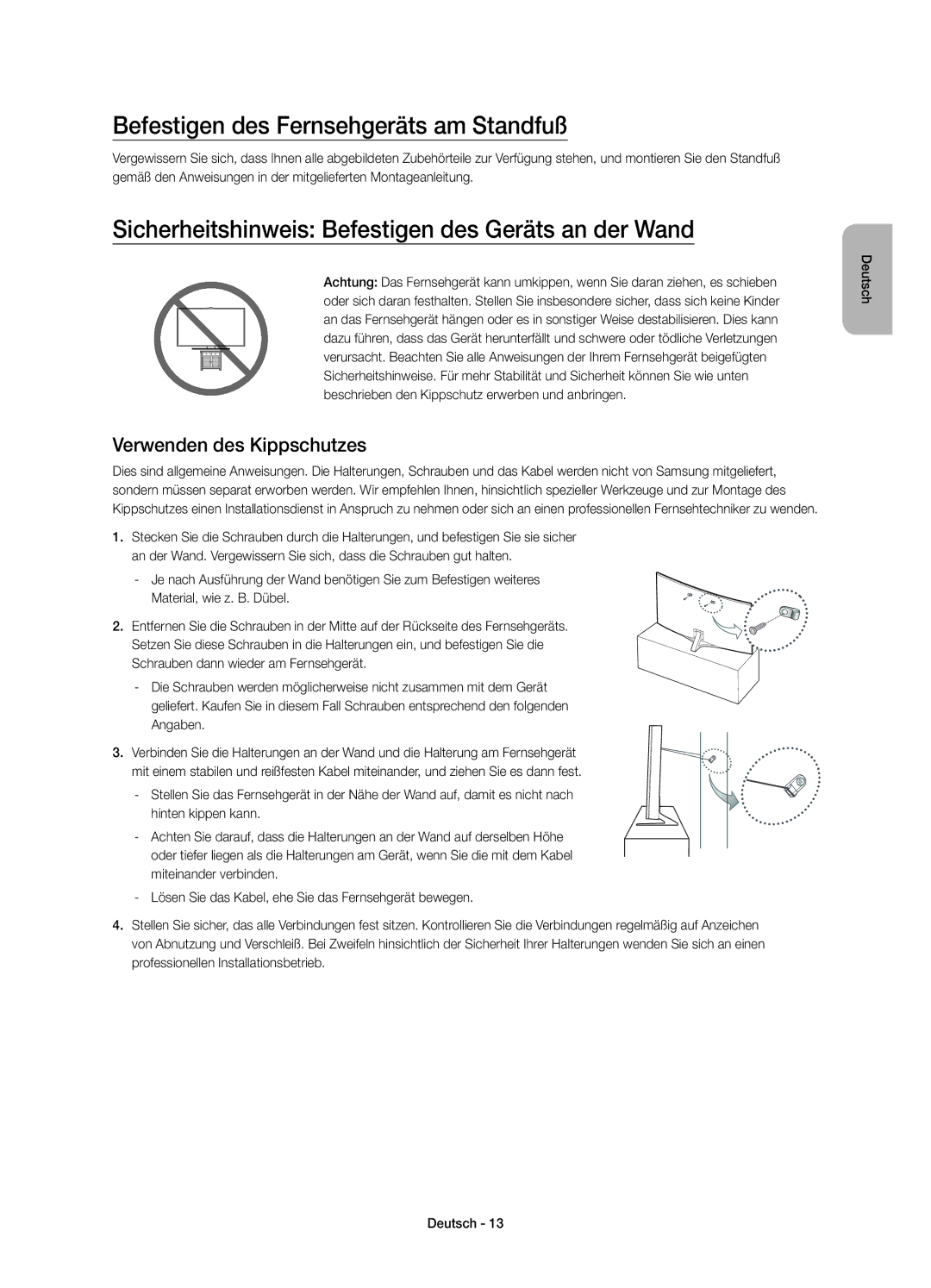 Samsung UE48JS9090QXZG Befestigen des Fernsehgeräts am Standfuß, Sicherheitshinweis Befestigen des Geräts an der Wand 