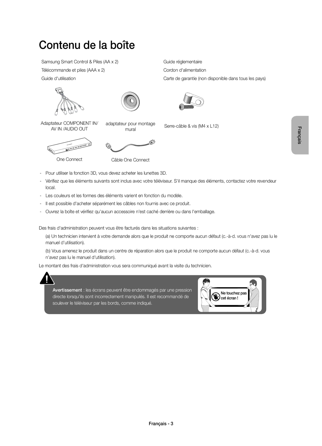 Samsung UE65JS9080QXZG, UE55JS9090QXZG, UE55JS9080QXZG, UE48JS9090QXZG, UE65JS9090QXZG manual Contenu de la boîte, One Connect 