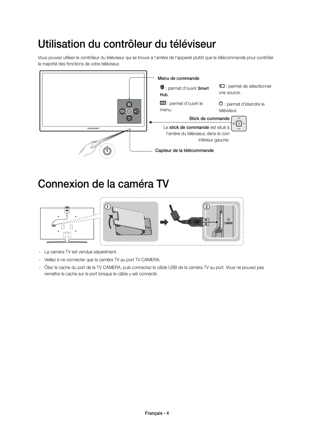 Samsung UE55JS9080QXZG, UE55JS9090QXZG manual Utilisation du contrôleur du téléviseur, Connexion de la caméra TV, Une source 