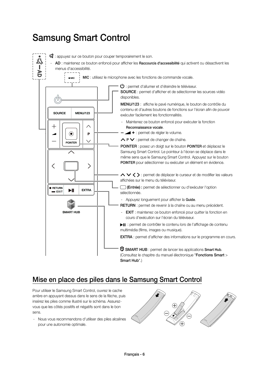 Samsung UE65JS9090QXZG Mise en place des piles dans le Samsung Smart Control, Exécuter facilement les fonctionnalités 