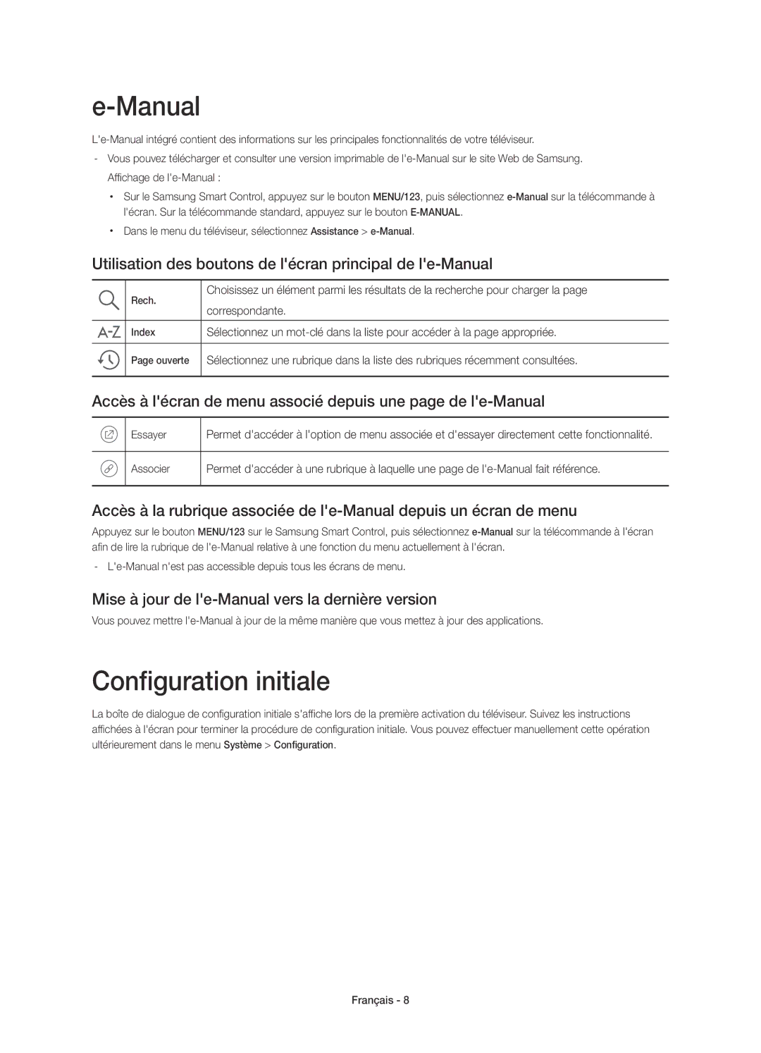 Samsung UE55JS9090QXZG manual Configuration initiale, Utilisation des boutons de lécran principal de le-Manual 