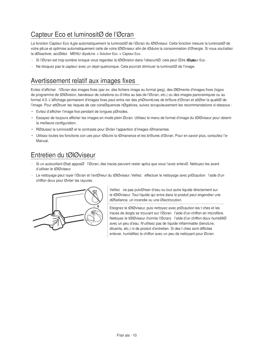 Samsung UE55JS9080QXZG, UE55JS9090QXZG manual Capteur Eco et luminosité de lécran, Avertissement relatif aux images fixes 