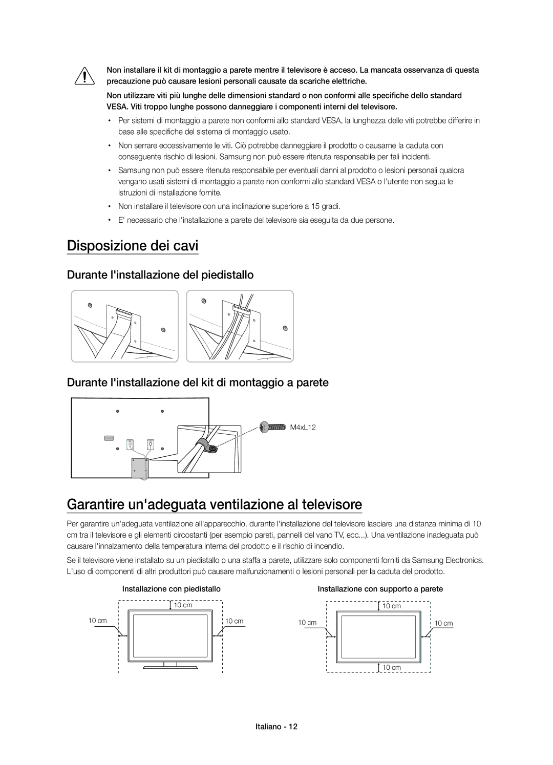 Samsung UE55JS9090QXZG, UE65JS9080QXZG manual Disposizione dei cavi, Garantire unadeguata ventilazione al televisore 