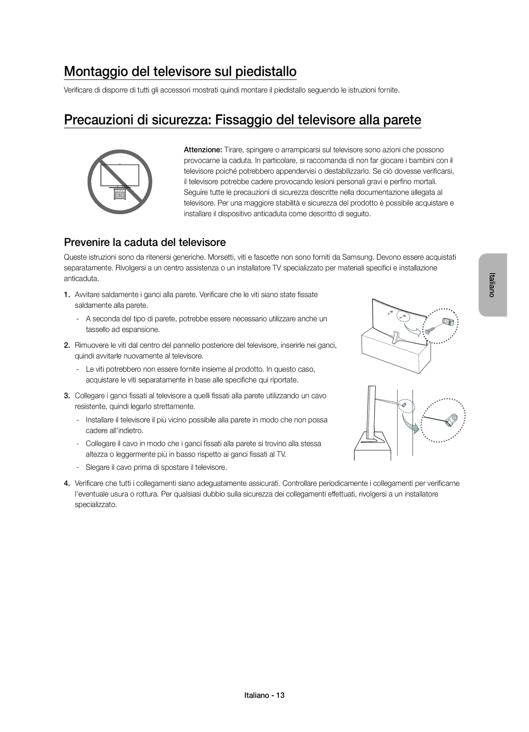 Samsung UE65JS9080QXZG, UE55JS9090QXZG manual Montaggio del televisore sul piedistallo, Prevenire la caduta del televisore 