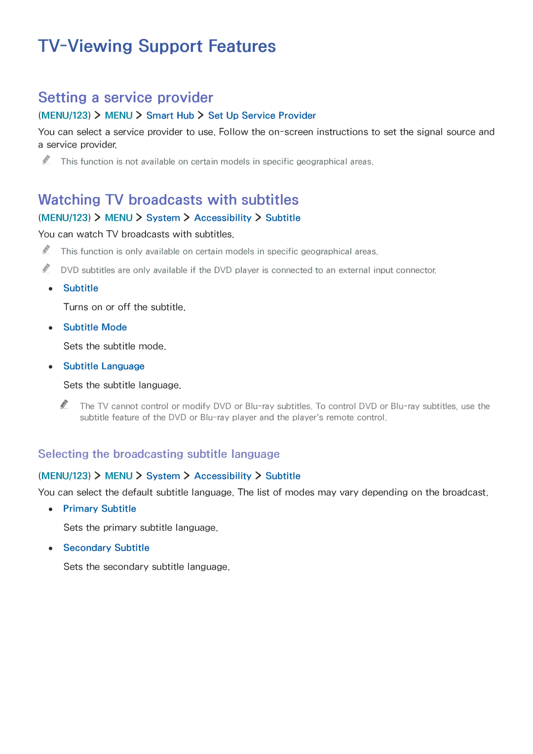 Samsung UE65JS9500TXZT TV-Viewing Support Features, Setting a service provider, Watching TV broadcasts with subtitles 