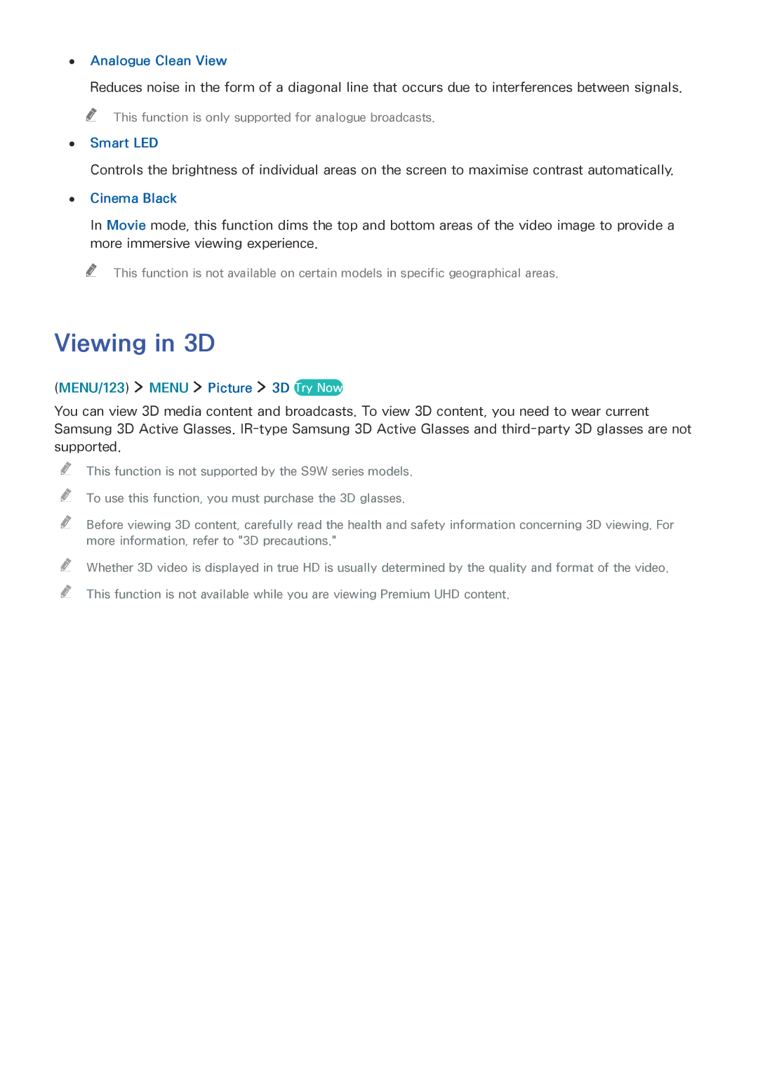 Samsung UE48JS9000TXXC, UE55JS9090QXZG, UE78JS9590QXZG manual Viewing in 3D, Analogue Clean View, Smart LED, Cinema Black 