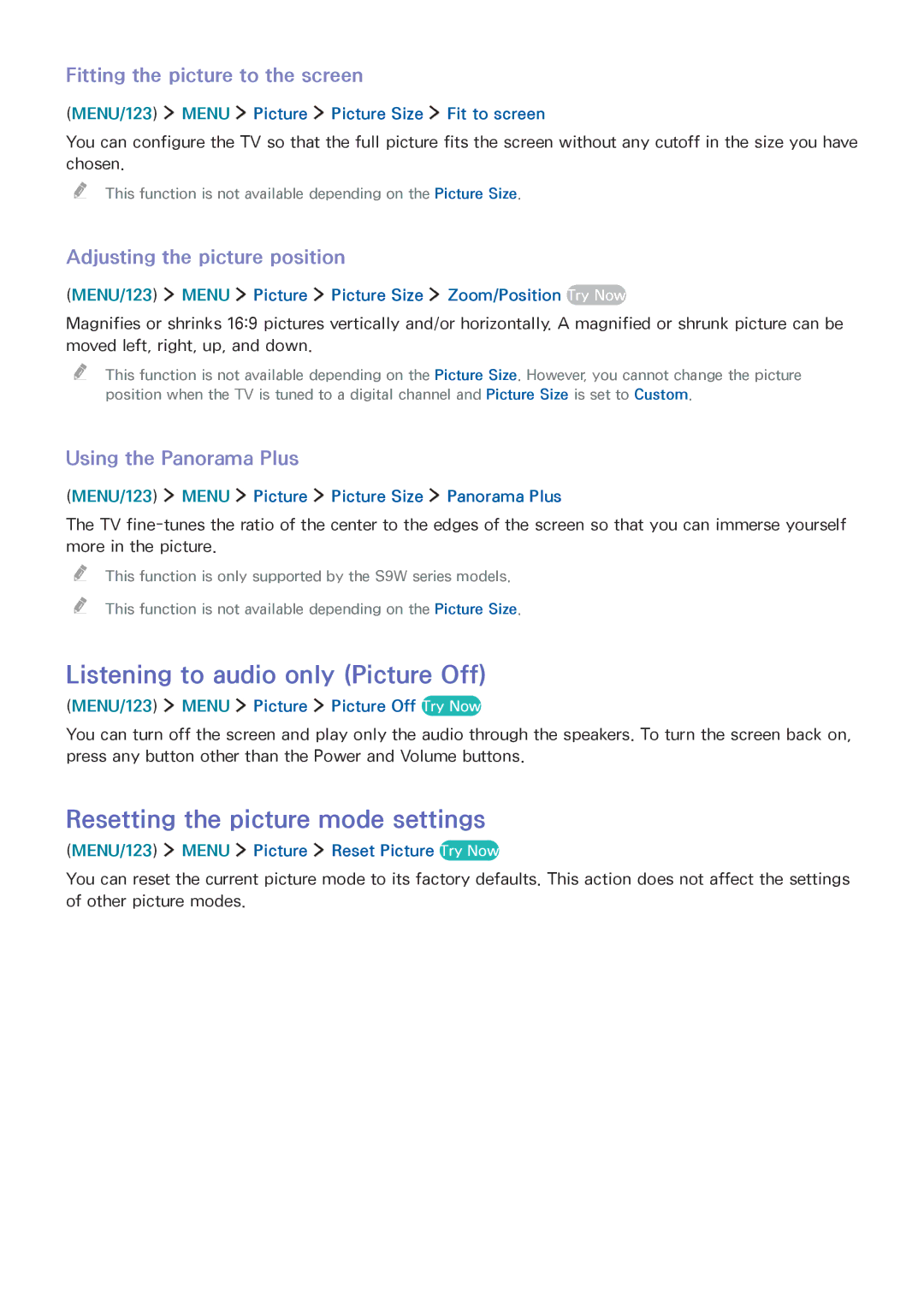 Samsung UE65JS9002TXXH Listening to audio only Picture Off, Resetting the picture mode settings, Using the Panorama Plus 