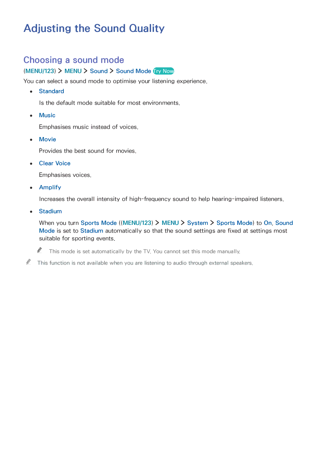 Samsung UE88JS9500LXXH, UE55JS9090QXZG, UE78JS9590QXZG, UE65JS9590QXZG Adjusting the Sound Quality, Choosing a sound mode 