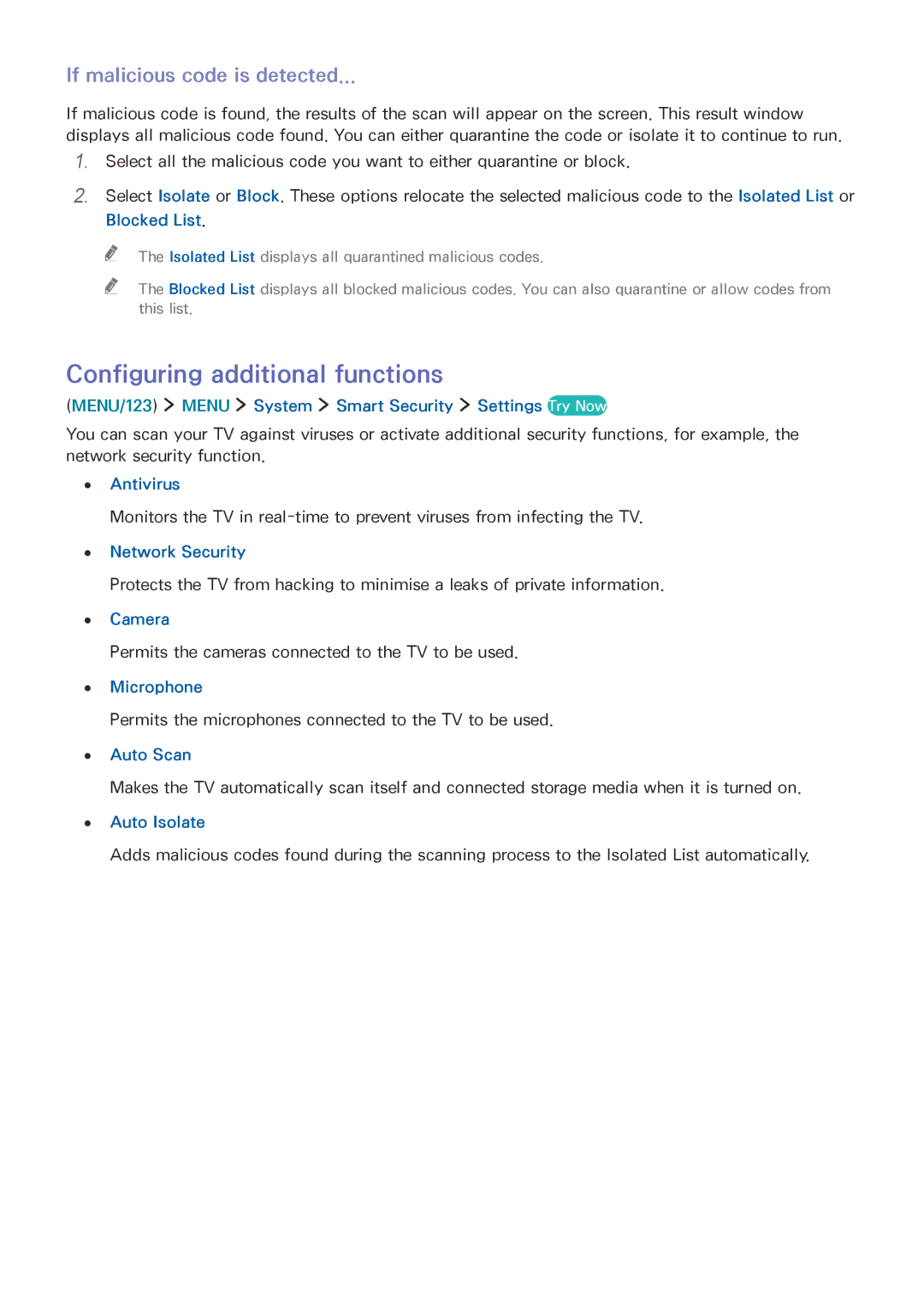 Samsung UE78JS9500LXXN, UE55JS9090QXZG, UE78JS9590QXZG manual Configuring additional functions, If malicious code is detected 