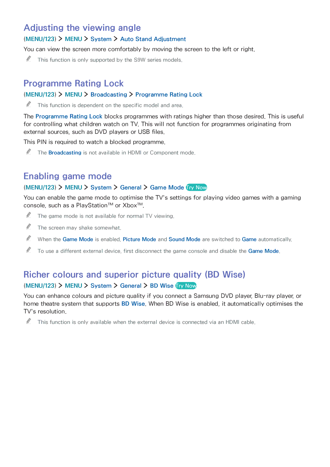 Samsung UE82S9WATXXH, UE55JS9090QXZG, UE78JS9590QXZG Adjusting the viewing angle, Programme Rating Lock, Enabling game mode 