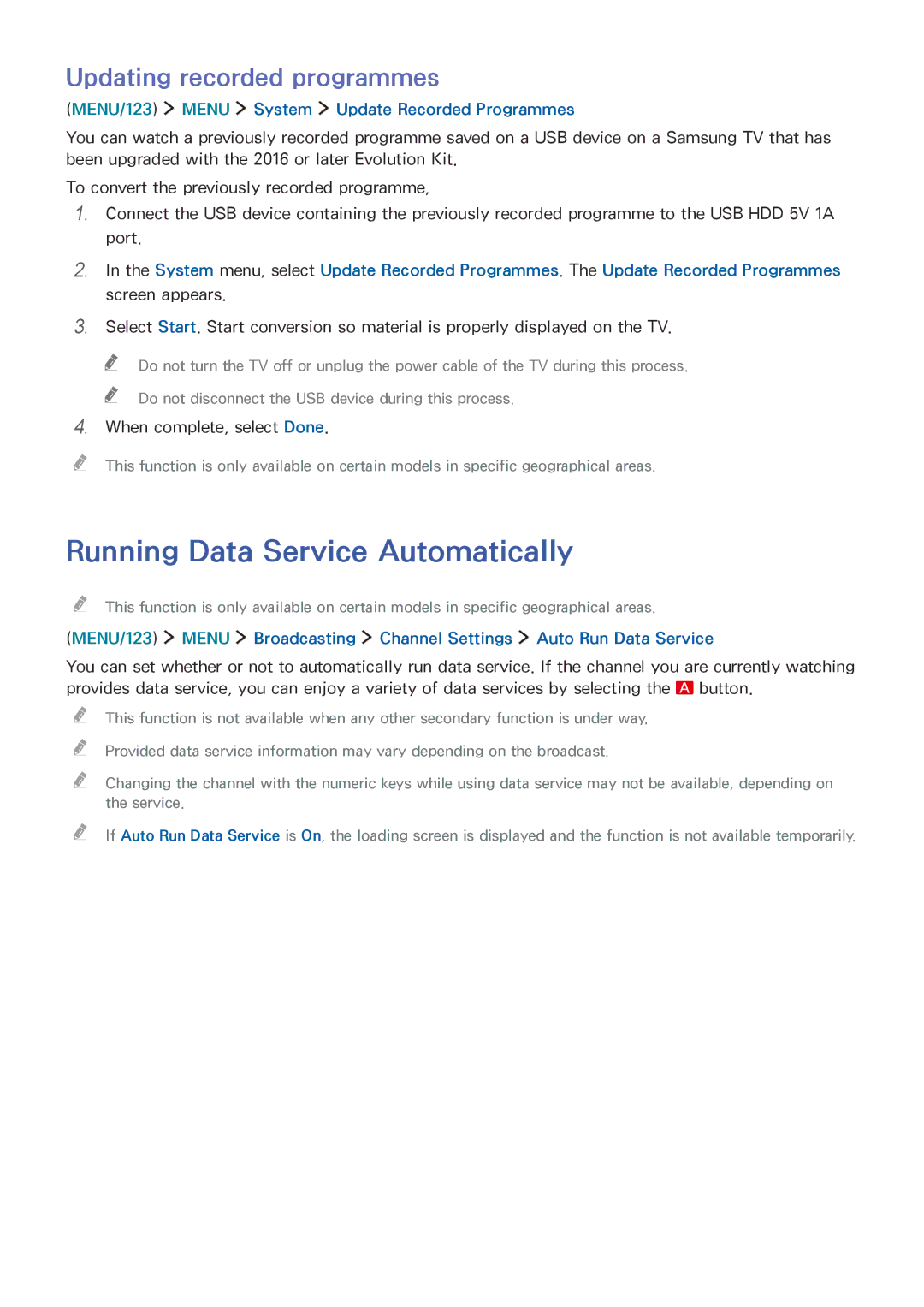 Samsung UE82S9WATXRU, UE55JS9090QXZG, UE78JS9590QXZG manual Running Data Service Automatically, Updating recorded programmes 