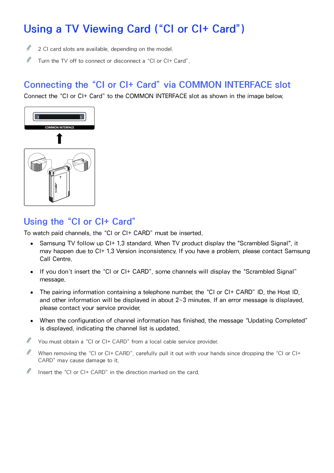 Samsung UE78JS9500TXRU Using a TV Viewing Card CI or CI+ Card, Connecting the CI or CI+ Card via Common Interface slot 