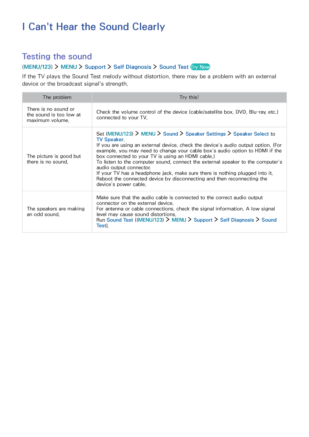 Samsung UE55JS9000LXXH, UE55JS9090QXZG, UE78JS9590QXZG, UE65JS9590QXZG manual Cant Hear the Sound Clearly, Testing the sound 