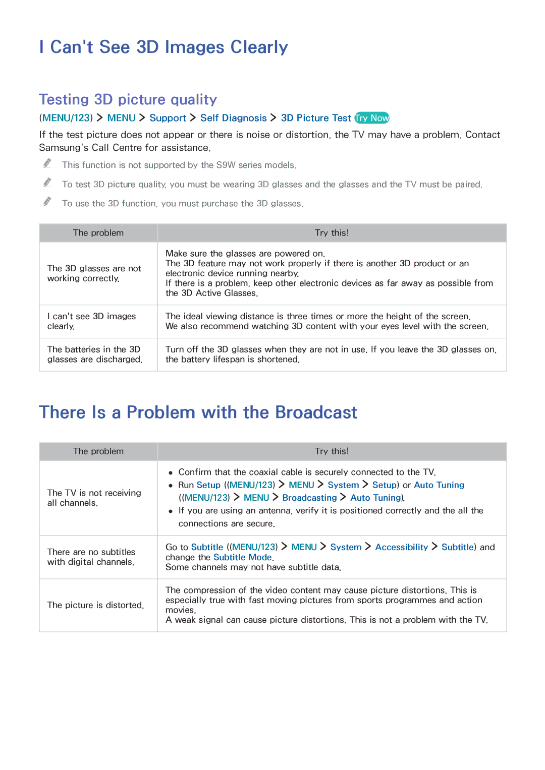 Samsung UE65JS9080QXZG manual Cant See 3D Images Clearly, There Is a Problem with the Broadcast, Testing 3D picture quality 