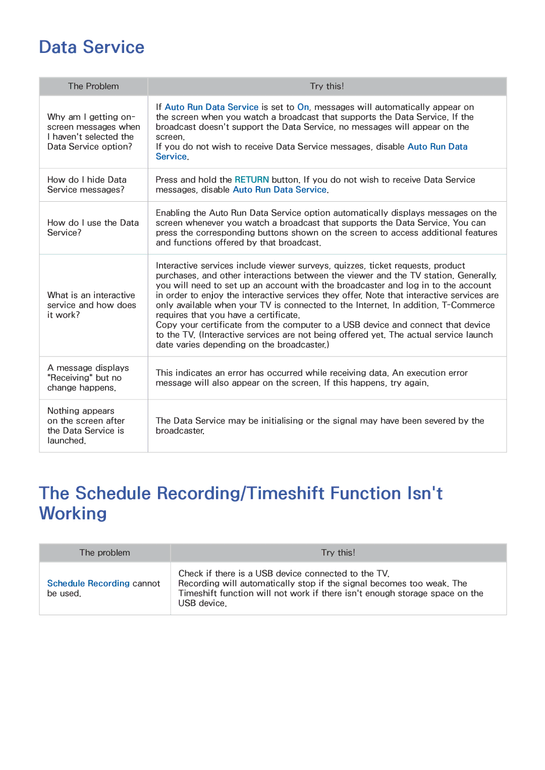 Samsung UE55JS9080QXZG Data Service, Schedule Recording/Timeshift Function Isnt Working, Schedule Recording cannot be used 