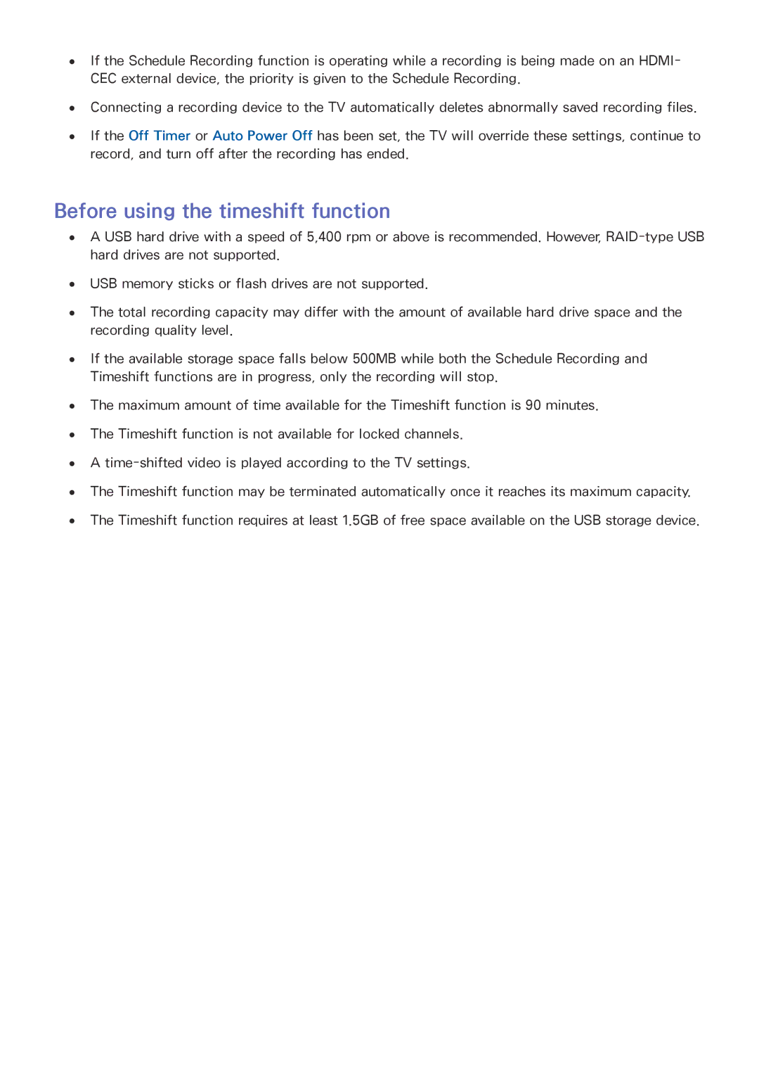 Samsung UE65JS9580QXZG, UE55JS9090QXZG, UE78JS9590QXZG, UE65JS9590QXZG, UE55JS9000LXXH Before using the timeshift function 