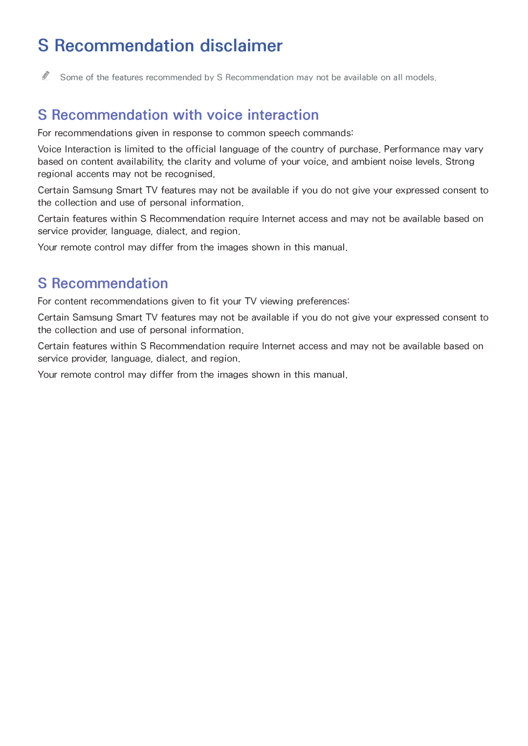 Samsung UE65JS9090QXZG, UE55JS9090QXZG, UE78JS9590QXZG Recommendation disclaimer, Recommendation with voice interaction 