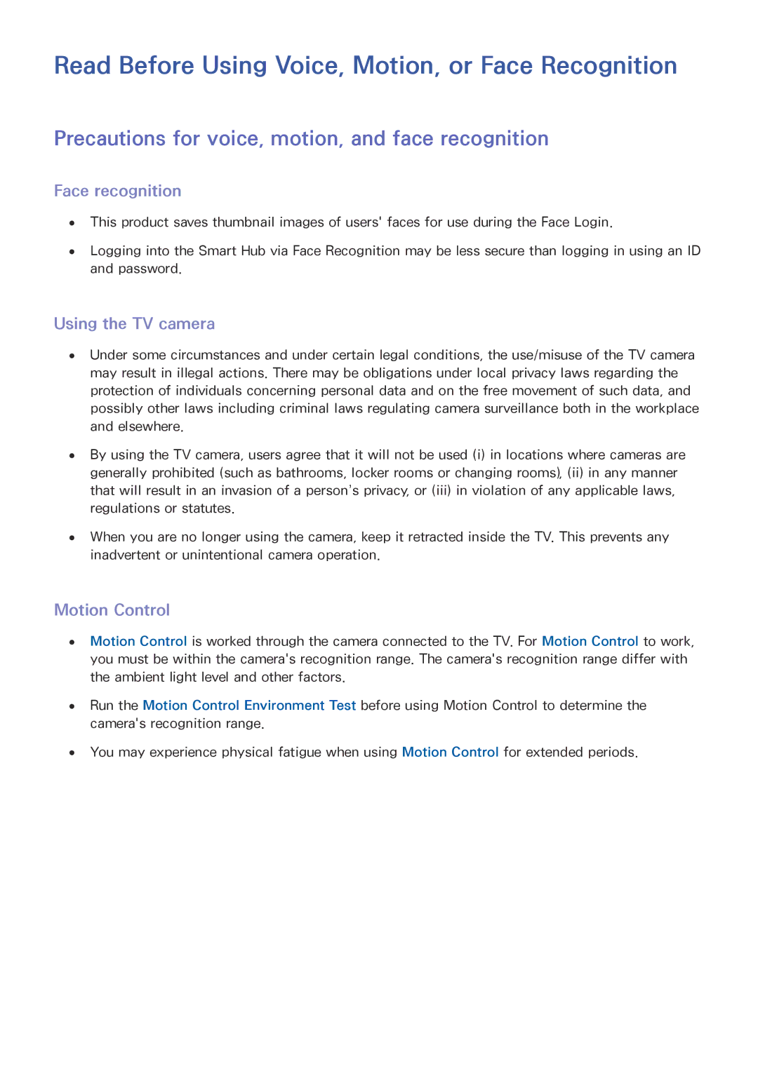 Samsung UE88JS9500TXZF manual Read Before Using Voice, Motion, or Face Recognition, Face recognition, Using the TV camera 