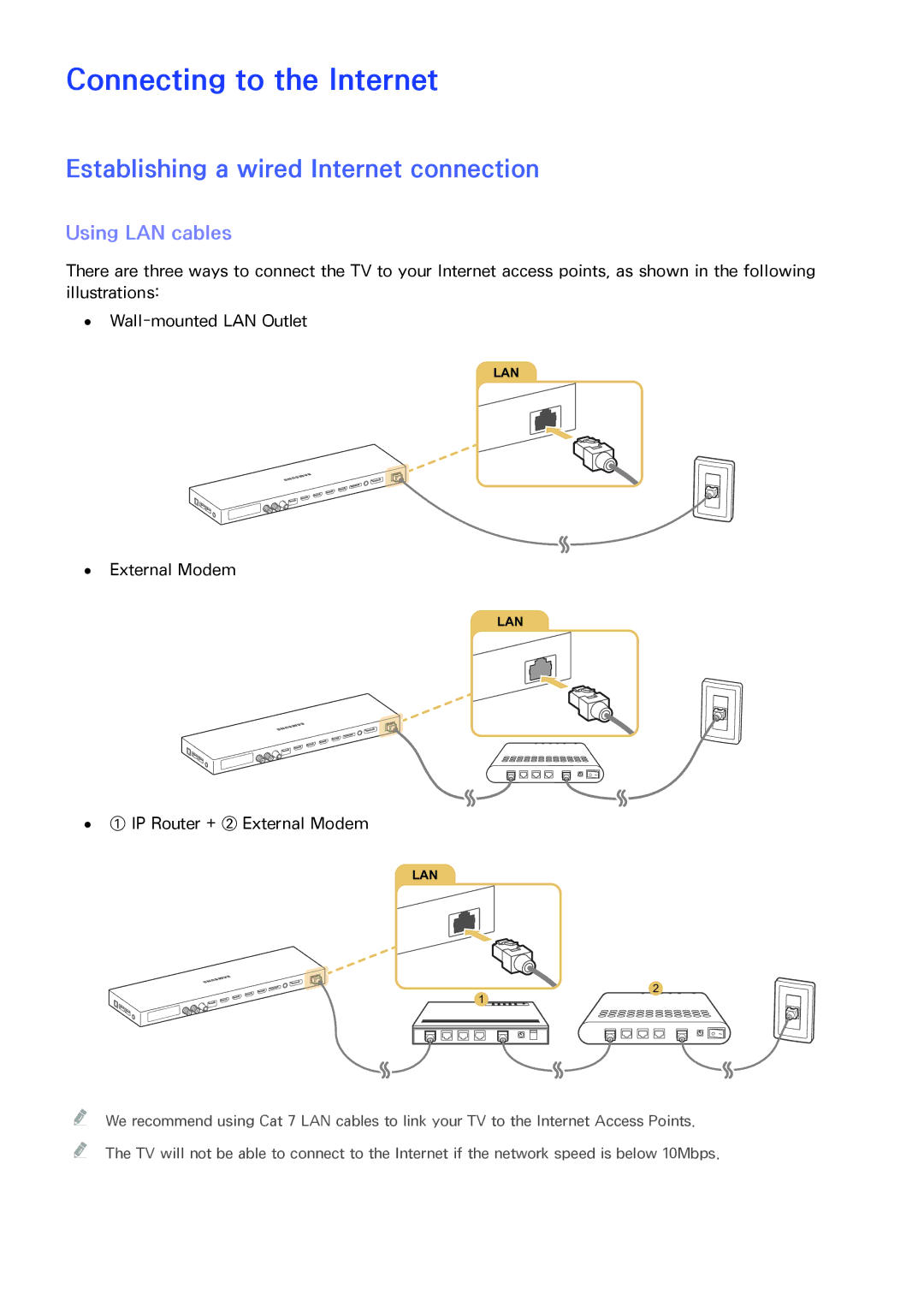 Samsung UE65JS9500LXXH manual Connecting to the Internet, Establishing a wired Internet connection, Using LAN cables 