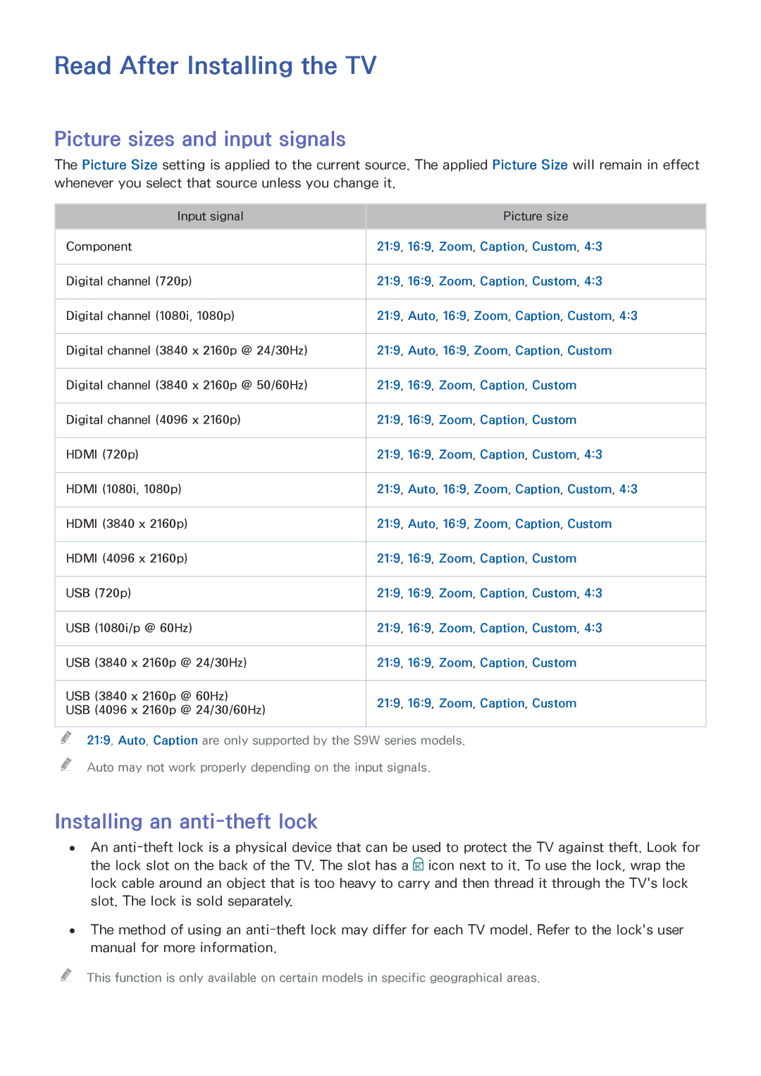 Samsung UE65JS9000LXXN manual Read After Installing the TV, Picture sizes and input signals, Installing an anti-theft lock 