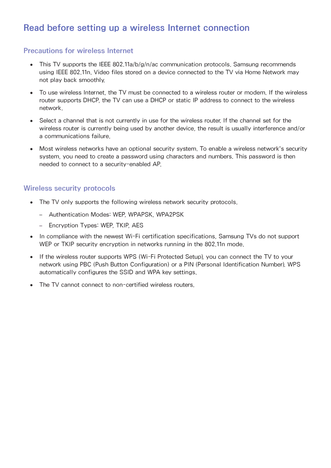 Samsung UE55JS9000LXXN manual Read before setting up a wireless Internet connection, Precautions for wireless Internet 