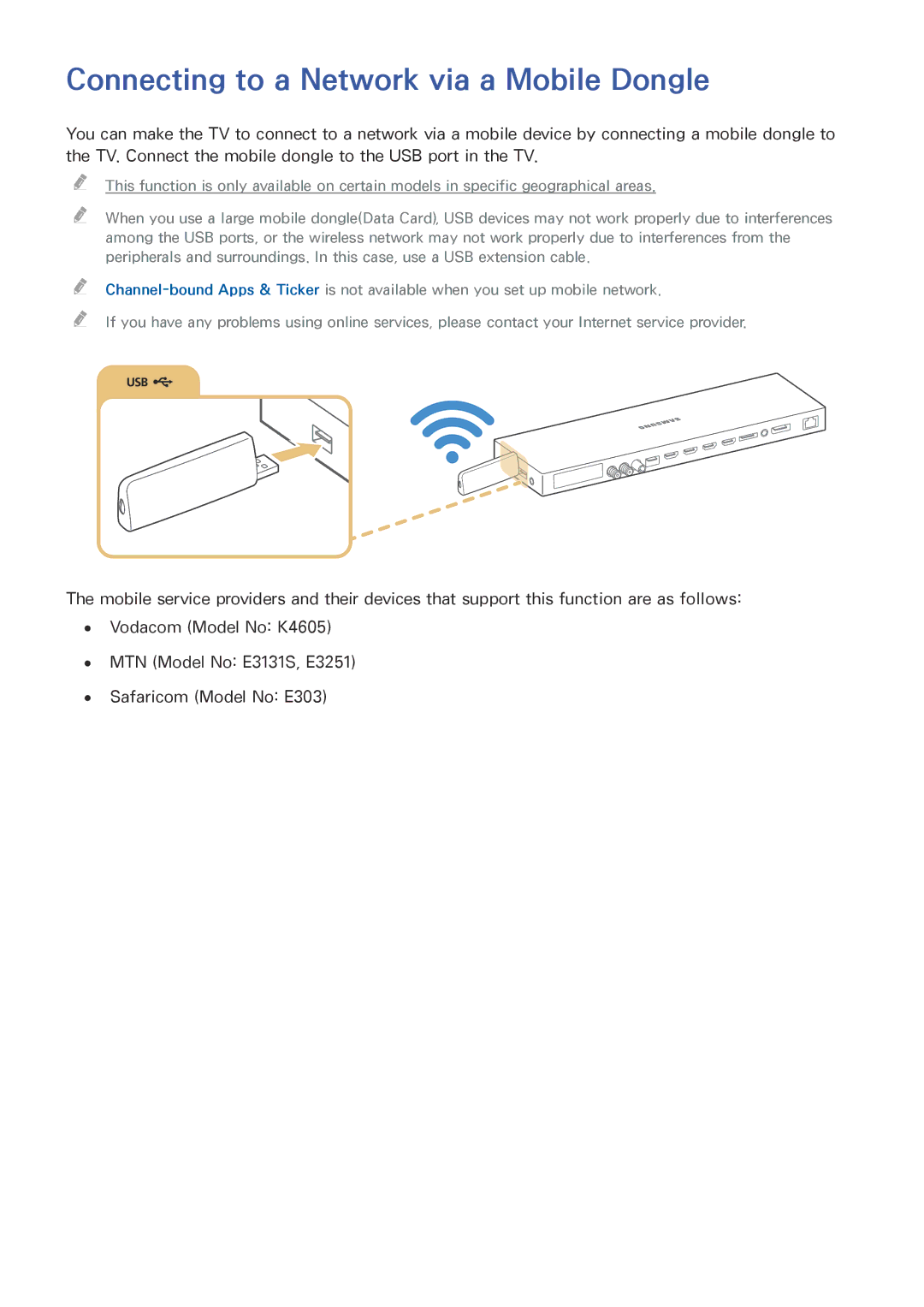 Samsung UE65JS9500TXZF, UE55JS9090QXZG, UE78JS9590QXZG, UE65JS9590QXZG manual Connecting to a Network via a Mobile Dongle 