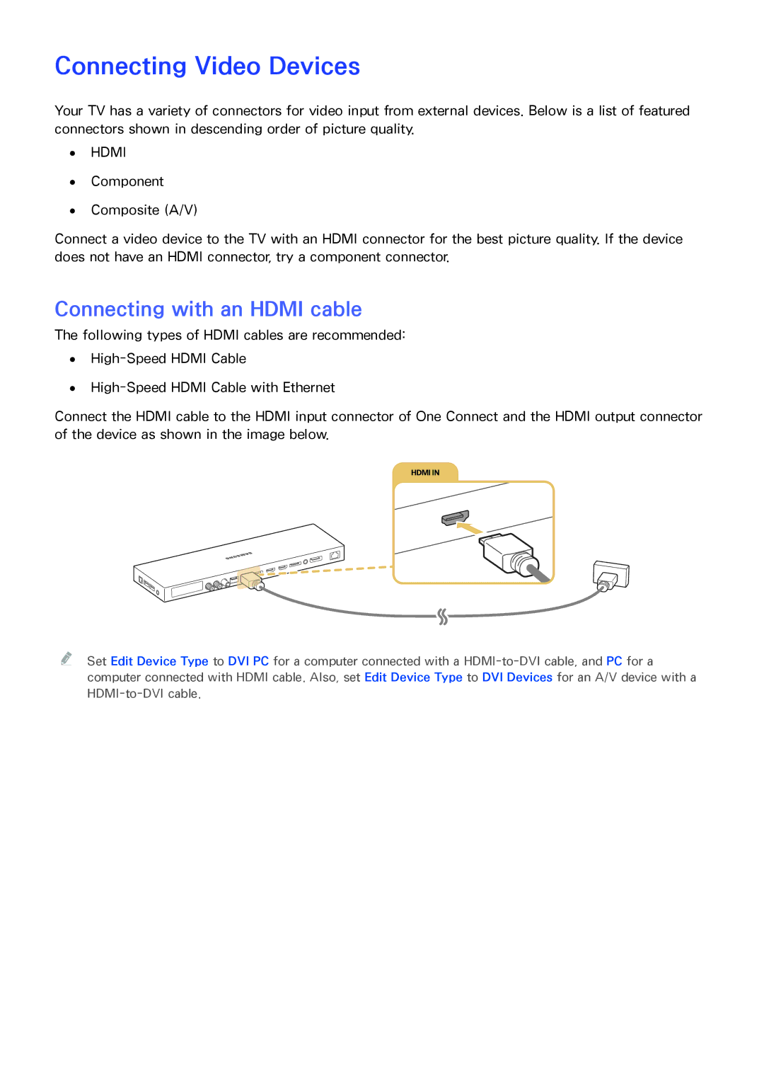 Samsung UA65JS9000KXSK, UE55JS9090QXZG, UE78JS9590QXZG, UE82S9WAQXZG Connecting Video Devices, Connecting with an Hdmi cable 