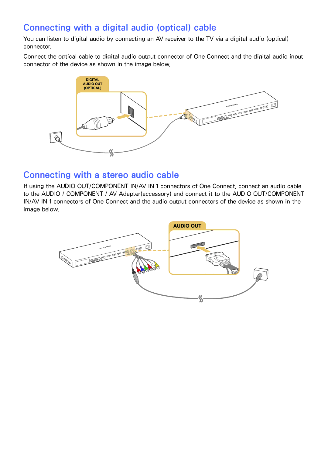 Samsung UE88JS9500TXZT, UE55JS9090QXZG Connecting with a digital audio optical cable, Connecting with a stereo audio cable 