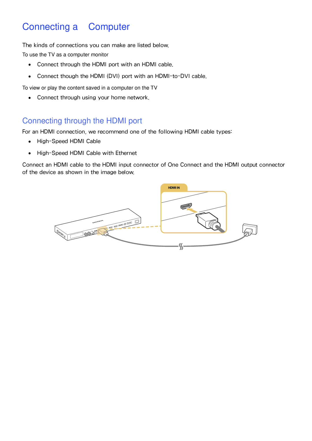 Samsung UE78JS9500TXZT Connecting a Computer, Connecting through the Hdmi port, Connect through using your home network 