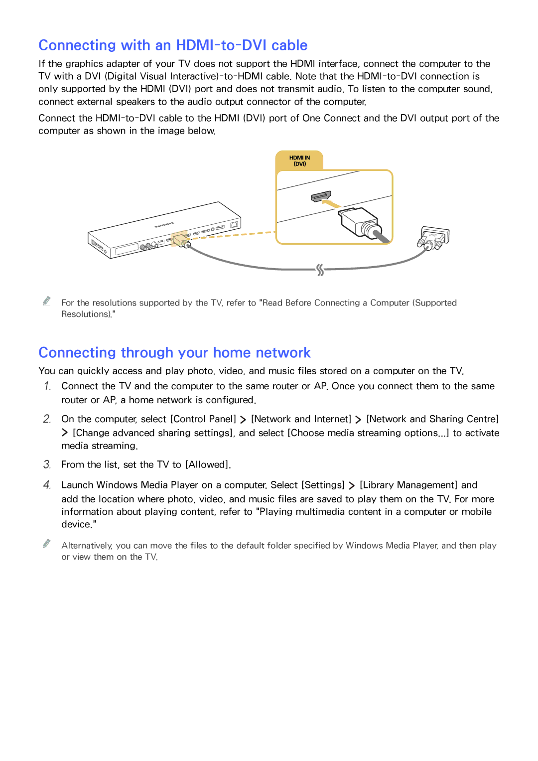 Samsung UE65JS9500TXZT, UE55JS9090QXZG manual Connecting with an HDMI-to-DVI cable, Connecting through your home network 